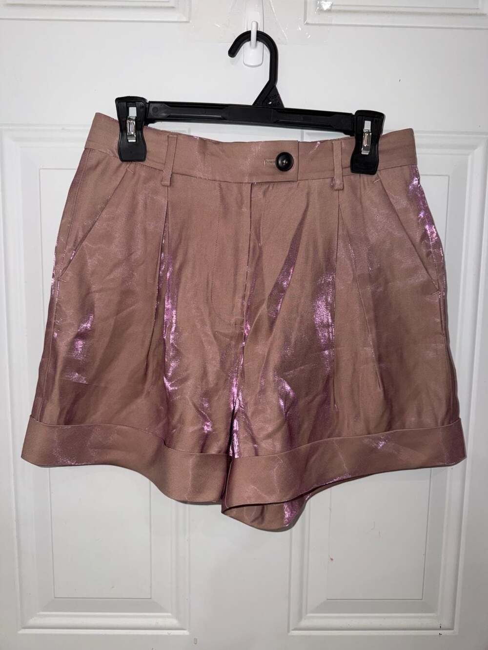 RTA Metallic Pink High-Waisted Cuffed Shorts, Size 38